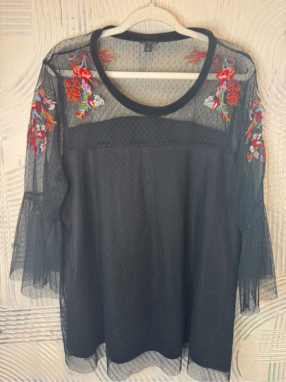 torrid Black Sheer Mesh Tunic with Colorful Floral Embroidery